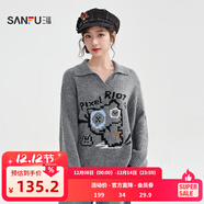 三福（SANFU）毛衣2025冬季搞怪貓咪圖案V字翻領(lǐng)寬松上衣女裝510497 深花灰 S
