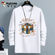 啄木鳥(niǎo)（TUCANO）長(cháng)袖t恤男純棉春季打底衫青少年學(xué)生寬松大碼休閑男士T恤長(cháng)袖衣服 白數字魔方前 L （重110-125斤高170-175）