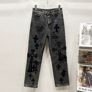 克羅心（chrome heart） 潮牌弗 牛仔褲店25SS新款美式十字架水洗直筒褲子男女情侶 黑色  L 32碼，135-155斤