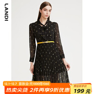 藍地（LANDI）系帶印花碎花連衣裙女秋季新款長(cháng)袖收腰中長(cháng)裙子 黑色 S