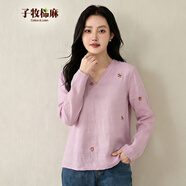 子牧棉麻2026春裝 女純色文藝百搭休閑長(cháng)袖T恤V領(lǐng)寬松顯瘦上衣Y2 粉紫色刺繡 M (建議105斤以?xún)?