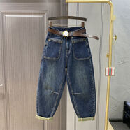 九分牛仔褲女垮褲2024春秋新款高腰彈力顯瘦老爹褲闊腿寬松哈倫褲 藍色 29 29