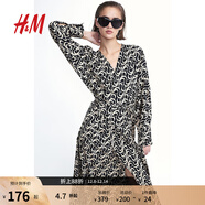H&M女裝連衣裙秋季時(shí)尚休閑深V領(lǐng)長(cháng)袖圍裹式中長(cháng)裙1209966 黑色/米色圖案 160/88