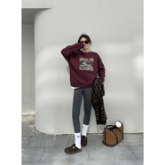 南魚(yú)百搭又好看肯豆風(fēng)復合一體絨美式復古圓領(lǐng)套頭印花加絨衛衣 暗紅色 均碼