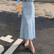 白色蕾絲性感透視開(kāi)衫上衣魚(yú)尾半身長(cháng)裙感法式小香風(fēng)仙氣套裝 藍色半裙 S