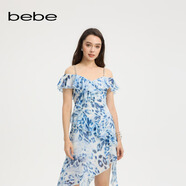 bebe【明星同款】bebe2025夏季女士荷葉邊吊帶印花雪紡連衣裙250002 藍色 M