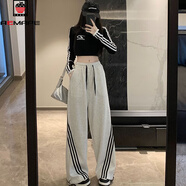AEMAPE加絨新款條紋運動(dòng)褲女美式復古設計2025秋冬潮流寬松休閑闊腿衛褲 白灰色 L 建議110-125斤