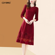 歐迪鳥(niǎo)（ODYBIRD）洋氣紅色提花連衣裙女2025秋季新款釘珠重工刺繡收腰顯瘦裙子 紅色 L