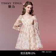 糖力【商場(chǎng)同款】減齡娃娃裙春秋季新款長(cháng)袖歐根紗印花連衣裙女 橘粉印花色 S