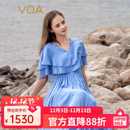 VOA真絲喬其藍色V領(lǐng)荷葉邊短袖褶皺雙層大擺收腰桑蠶絲連衣裙 AE1035 浣溪紗-月藍（A22） M