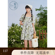 紫涵（ZIHAN）紫涵滿(mǎn)印花方領(lǐng)連衣裙女夏季森系田園風(fēng)寬松高腰短袖短裙 綠底印花 XS