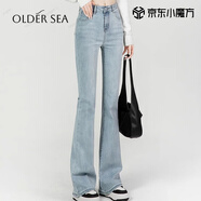 OLDER SEA淺藍色微喇牛仔褲女秋季2025款高腰顯瘦馬蹄褲修身彈力喇叭褲子女 淺藍色 L 建議110-120斤