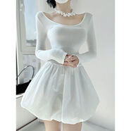 芭蕾千金純欲少女連衣裙方領(lǐng)性感露背長(cháng)袖蓬蓬裙春秋花苞娃娃裙 白色 S S