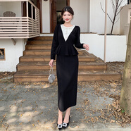 輕熟簡(jiǎn)約風(fēng)假兩件連衣裙黑色拼接荷葉邊釘珠名媛氣質(zhì)減齡顯瘦長(cháng)裙 黑色 M