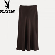 花花公子女裝2025年秋歐美A字高腰中長(cháng)裙絲緞面質(zhì)感迷笛半身裙 咖色 L
