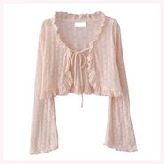 法式小坎肩罩衫夏季新款韓版溫柔風(fēng)木耳邊系帶薄款喇叭袖蕾絲開(kāi)衫 粉色 S S適合85斤左右