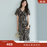 伊芙麗（eifini）蔣欣代言花邊嵌邊裝飾A擺肌理底布碎花連衣裙女2025新款裙子 水墨黑 M 105-115斤