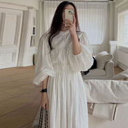 韓國chic春季法式簡(jiǎn)約花邊立領(lǐng)拼接鏤空蕾絲鉤花褶皺收腰連衣裙女 白色 均碼 均碼