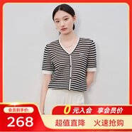 敦奴（DUNNU）dunnu敦奴2024夏季新款V領(lǐng)顯瘦鏤空撞色條紋針織衫女 正黑色 L