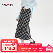 三福（SANFU）長(cháng)裙2025冬季蕾絲拼接下擺半身裙格紋裙子女裝511126 黑白格 M