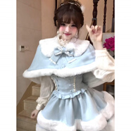 沉鯨甜美可愛(ài)藍色毛領(lǐng)斗篷連衣裙女秋冬加厚收腰公主蛋糕蓬蓬裙子套裝 淺藍色背帶裙＋斗篷【套裝】 M