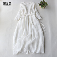 漫藍夢(mèng)棉麻長(cháng)袖連衣裙2025秋季法式風(fēng)琴褶苧麻紅裙子收腰抽繩棉亞麻長(cháng)裙 白色 M 【建議95-115斤】