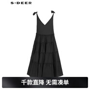 S.DEER圣迪奧女裝25年新品田園風(fēng)V領(lǐng)碎褶不規則背帶裙S252Z2902 黑色/91 S
