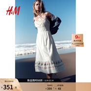 H&M女裝連衣裙2025秋新款波嬉風(fēng)V領(lǐng)蕾絲修身喇叭印花吊帶裙1278224 奶油色/花卉 M 165/96