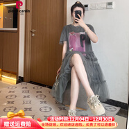 皮爾卡丹假兩件拼接網(wǎng)紗蛋糕裙中長(cháng)款T恤裙女夏季胖mm大碼寬松印花連衣裙 灰色 XL 建議135-155斤