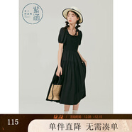紫涵方領(lǐng)泡泡袖連衣裙女夏新款小眾蕾絲中長(cháng)裙高腰打攬七夕送女生 黑色 XS