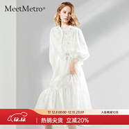 MeetMetro瑪依爾氛圍感連衣裙女2025春新款繡花鏤空泡泡袖襯衫裙甜美收腰裙 白色【現貨閃電發(fā)】 XL