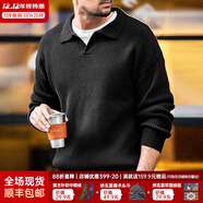 馬登工裝美式復古海鷗領(lǐng)polo衫寬松慵懶男士套頭毛衣秋冬坑條針織衫男 黑色 【v領(lǐng)毛衣男/高級感毛線(xiàn)衣/男士冬季打底衫】 L