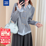 唐獅（TonLion）2025秋冬梭織拼接翻領(lǐng)雙排扣假兩件女士開(kāi)衫毛衣