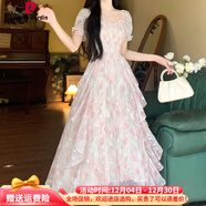 皮爾卡丹大碼法式溫柔仙女碎花方領(lǐng)連衣裙女夏季胖mm收腰顯瘦氣質(zhì)優(yōu)雅長(cháng)裙 粉色 （卡碼拍大） M 85~100斤