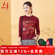 天意TANGY/天意天意秋季新品民族風(fēng)簡(jiǎn)約印花女士套頭針織衫針織衫女 7102暗紅色 M