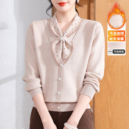 俞兆林（YUZHAOLIN）媽媽冬裝針織衫上衣加絨加厚毛衣中老年人秋冬季減齡保暖打底小衫 米杏色 2XL （推薦120-135斤）