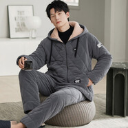 從心夾棉睡衣男士冬季三層加厚保暖珊瑚絨睡衣男法蘭絨棉襖家居服套裝 CX3103 L 高168-173重100-140斤