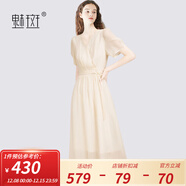 魅斑淡人穿搭法式茶歇裙連衣裙女2025夏季新款V領(lǐng)系帶收腰仙女裙 米色 M