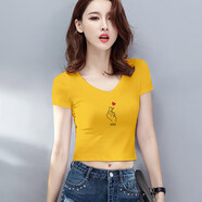 圣布奇露臍T恤打底衫短款T恤女短袖V領(lǐng)2025夏季新款韓版百搭高腰漏肚臍 姜黃色 S