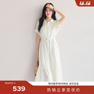 伊芙麗（eifini）蔣欣代言醋酸腰帶收腰蛋糕A擺通勤襯衫式連衣裙女2025夏裝新款 米白 L 115-130斤
