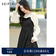 詩(shī)凡黎（'SEIFINI）詩(shī)凡黎假兩件連衣裙女新款波點(diǎn)泡泡袖拼接撞色法式茶歇長(cháng)裙 黑色 S 155/80A