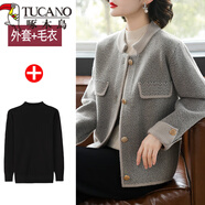 啄木鳥(niǎo)2025新款媽媽秋裝短款外套中老年女洋氣呢子開(kāi)衫春秋冬季毛衣套裝 灰色[外套+黑毛衣] L (建議85-105斤)
