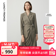 朗姿設計感ol風(fēng)氣質(zhì)顯瘦西裝裙冬季新款法式長(cháng)袖高級感連衣裙 卡其綠色 M