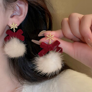 BJYL氣質(zhì)紅色耳釘女小眾設計感輕奢高級感耳環(huán)秋冬2026新款新年耳飾品 雪花毛球耳釘一對