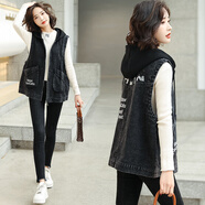 妹丫2026春秋新款復古亮片時(shí)尚牛仔馬甲女連帽拉鏈坎肩外套洋氣上衣潮 圖片色 L