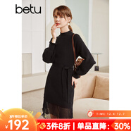 betu百圖女裝網(wǎng)紗拼接小高領(lǐng)木耳邊燈籠袖針織連衣裙女2110T69 黑色 L