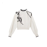 WZFS早春日系新品清新甜美單露肩蝙蝠袖刺繡針織衫毛衣上衣 白色 均碼