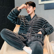 南極人（Nanjiren）新款條紋高克重男士冬季睡衣加厚版珊瑚絨套裝可外穿保暖家居服 CS520條紋墨灰色 專(zhuān)柜優(yōu)質(zhì)版 L 碼：建議體重(100斤-130斤)