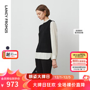 朗姿純羊毛設計感假兩件內搭打底上衣氣質(zhì)高級感毛針織衫冬季新款 黑色米白袖 M