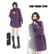 嫻汶中長(cháng)款馬海毛高領(lǐng)毛衣女秋冬加厚套頭寬松外穿日系慵懶風(fēng)針織上衣 紫色 S S建議80-100斤